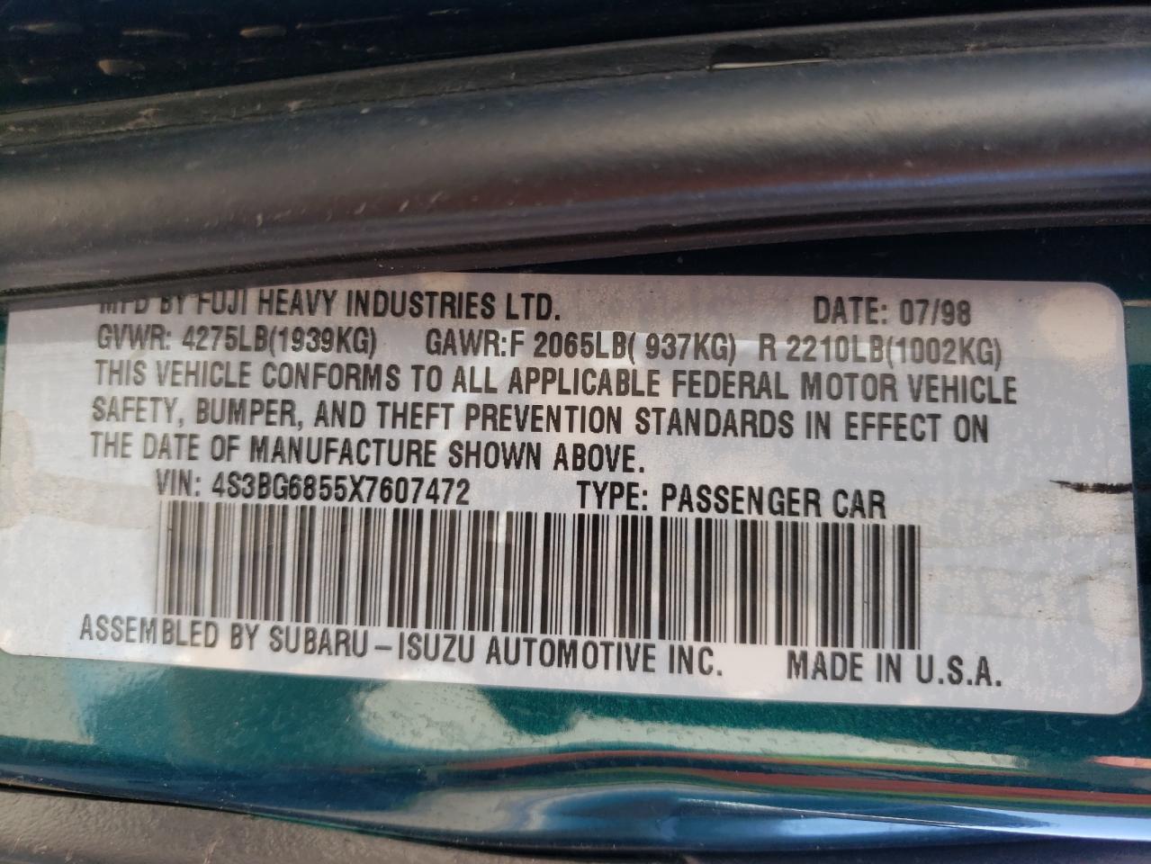 Photo 10 from auction – 1999 SUBARU LEGACY OUT with VIN 4S3BG6855X7607472