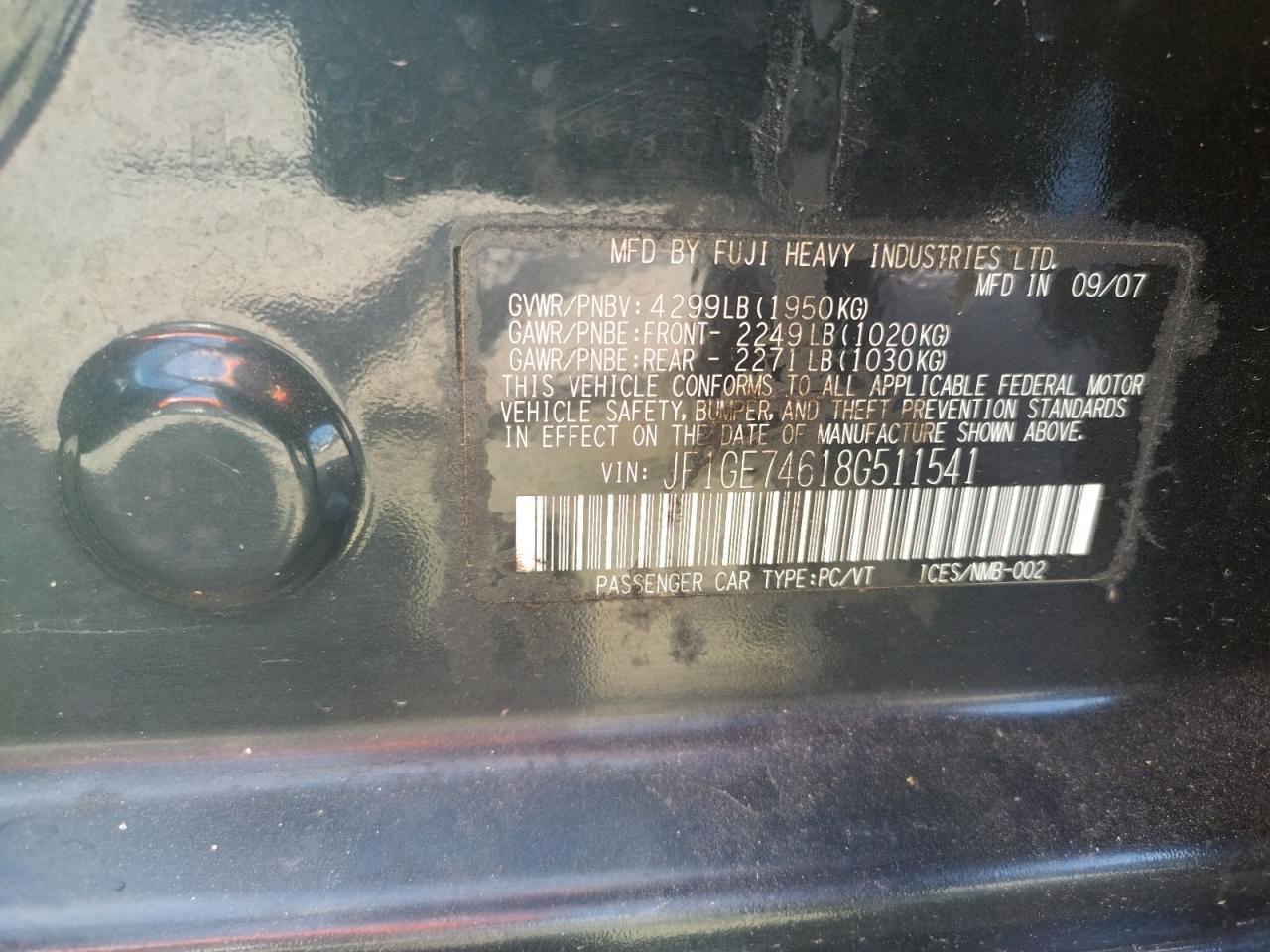 Photo 10 from auction – 2008 SUBARU IMPREZA WR with VIN JF1GE74618G511541