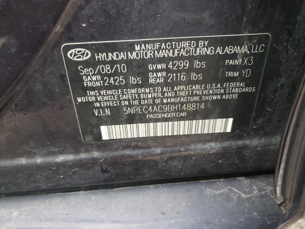 Photo 10 from auction – 2011 HYUNDAI SONATA SE with VIN 5NPEC4AC9BH148814