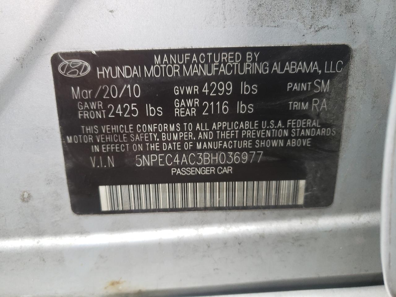 Photo 10 from auction – 2011 HYUNDAI SONATA SE with VIN 5NPEC4AC3BH036977