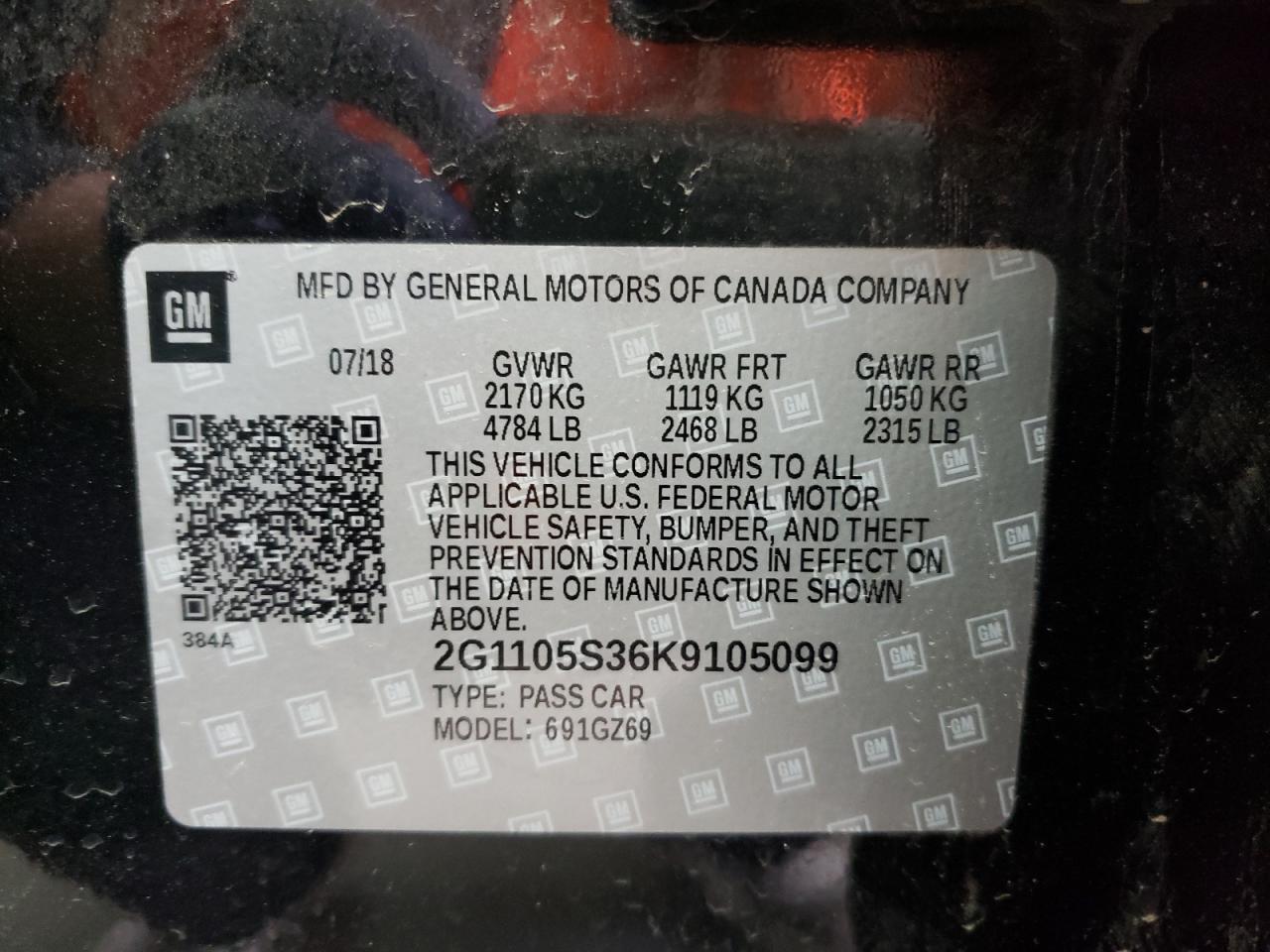 Photo 10 from auction – 2019 CHEVROLET IMPALA PRE with VIN 2G1105S36K9105099
