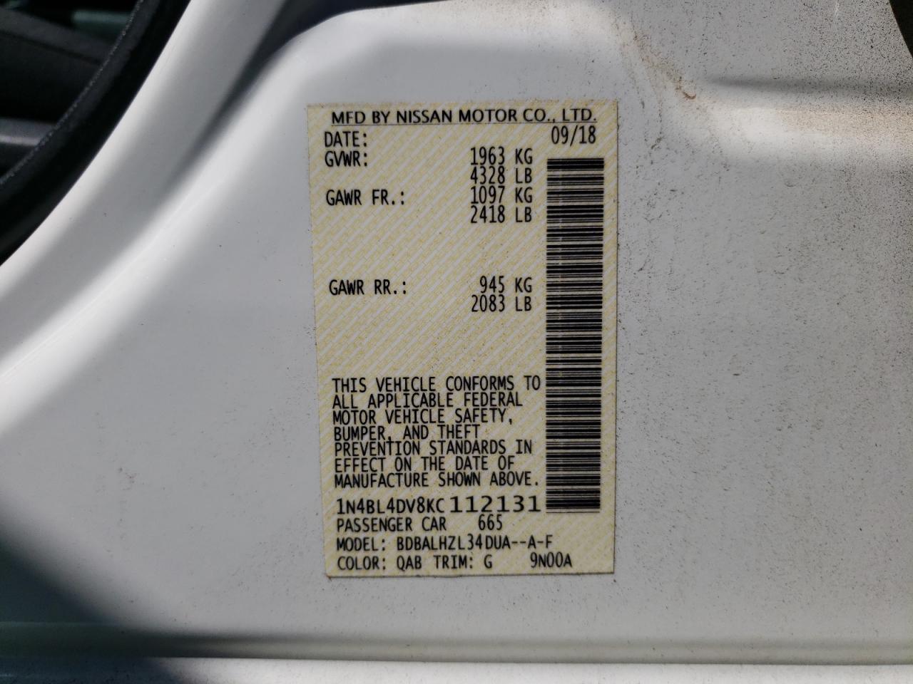 Photo 10 from auction – 2019 NISSAN ALTIMA SV with VIN 1N4BL4DV8KC112131