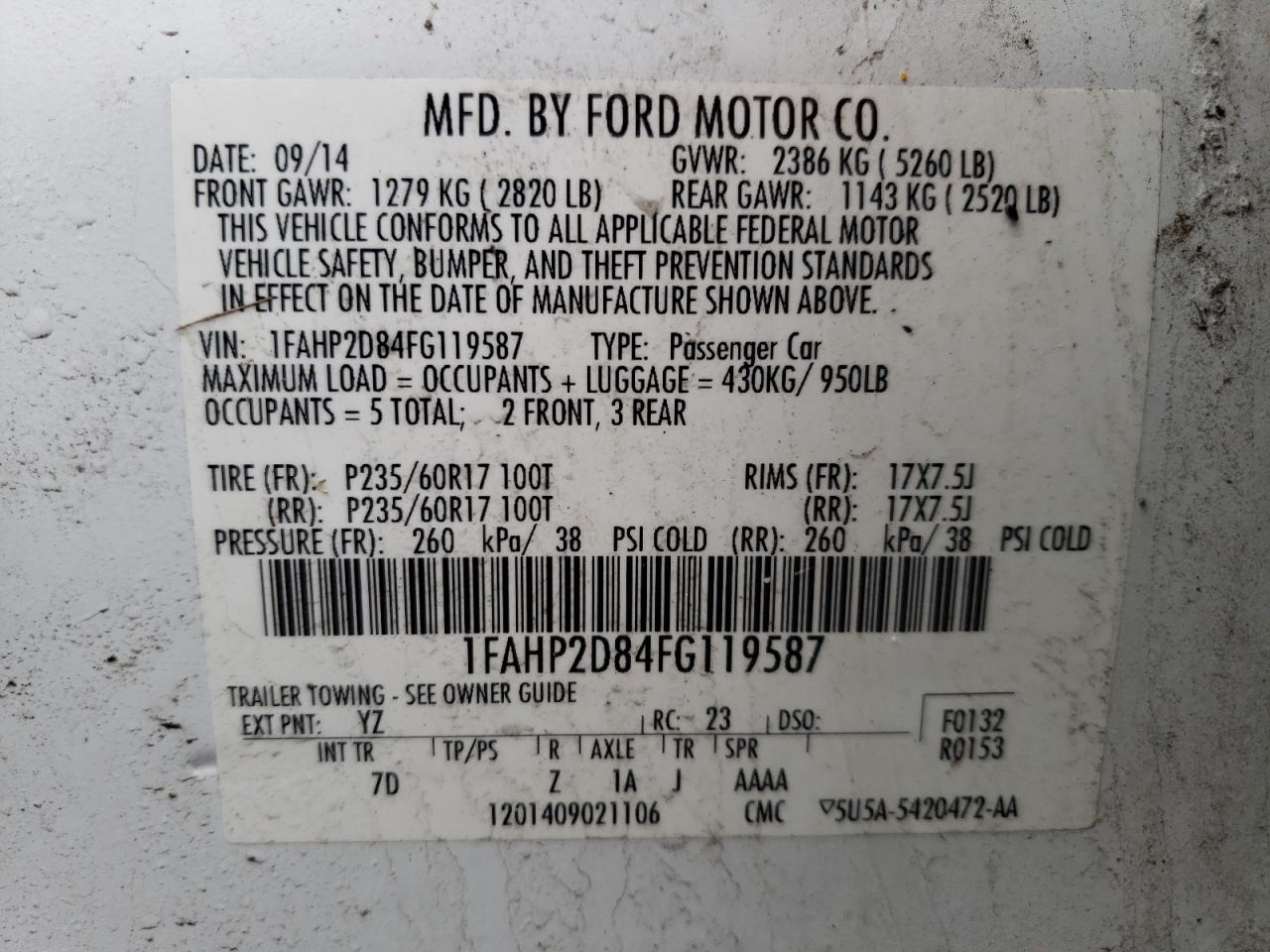 Photo 10 from auction – 2015 FORD TAURUS SE with VIN 1FAHP2D84FG119587