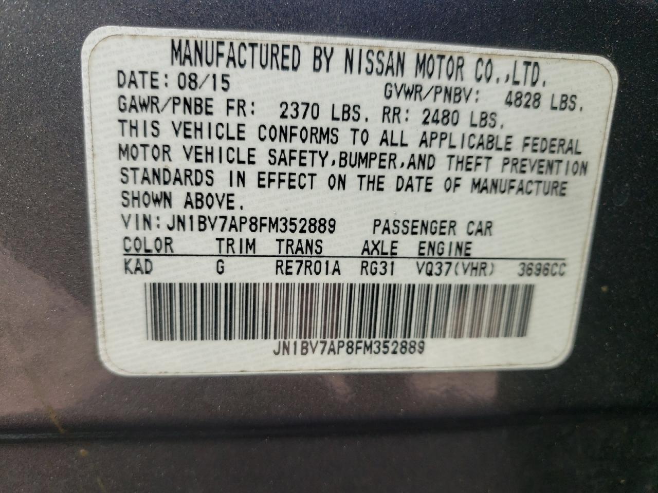 Photo 10 from auction – 2015 INFINITI Q50 BASE with VIN JN1BV7AP8FM352889