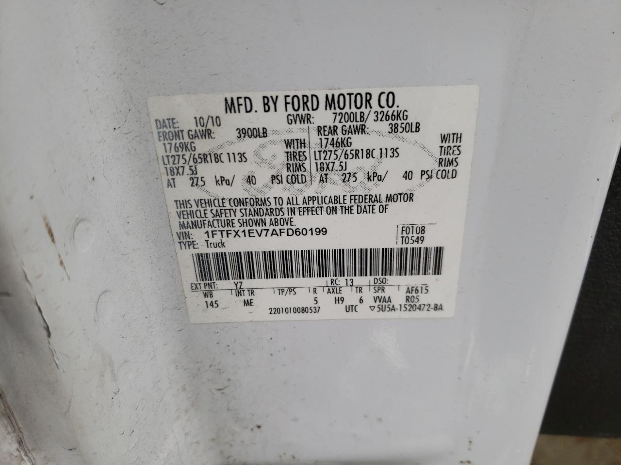 صورة رقم 10 من المزاد - 2010 FORD F150 SUPER مع VIN 1FTFX1EV7AFD60199