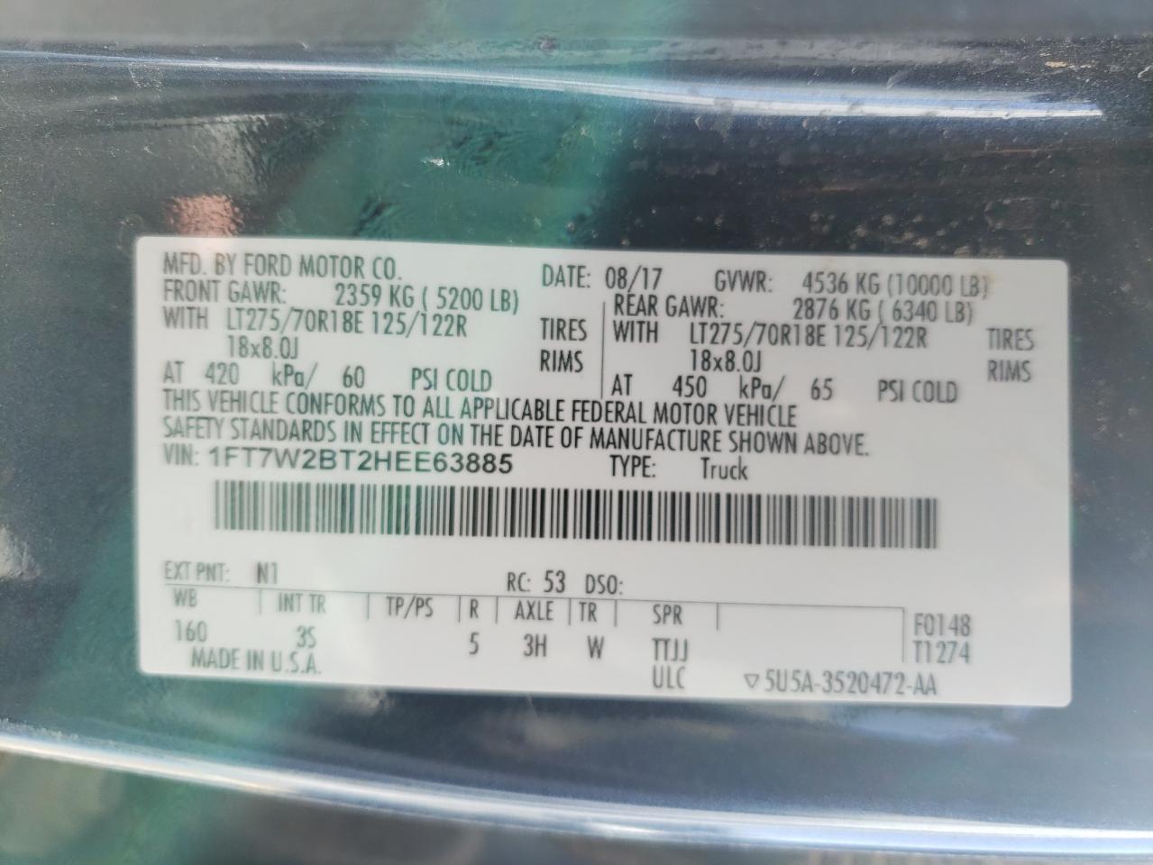 Photo 10 from auction – 2017 FORD F250 SUPER with VIN 1FT7W2BT2HEE63885