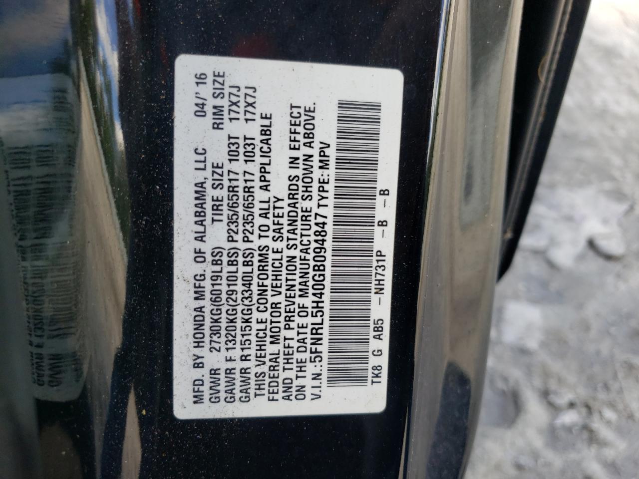 Photo 10 from auction – 2016 HONDA ODYSSEY EX with VIN 5FNRL5H40GB094847