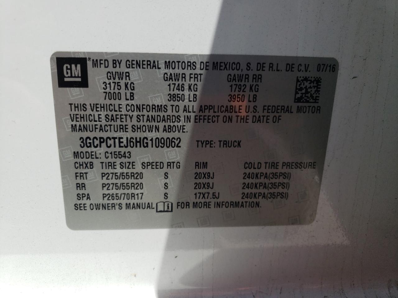 Photo 10 from auction – 2017 CHEVROLET SILVERADO with VIN 3GCPCTEJ6HG109062