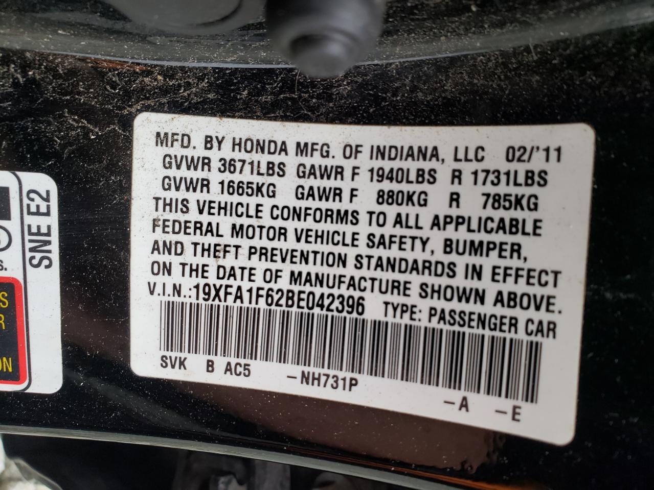 Photo 10 from auction – 2011 HONDA CIVIC LX-S with VIN 19XFA1F62BE042396