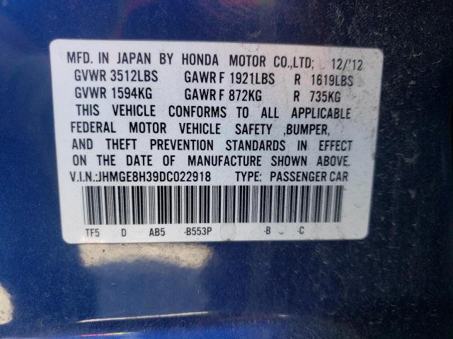 HONDA FIT 2013 with VIN JHMGE8H39DC022918 - Photo from auction