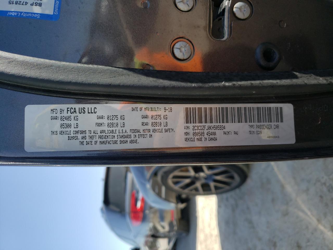 Photo 10 from auction – 2019 DODGE CHALLENGER with VIN 2C3CDZFJ0KH505934