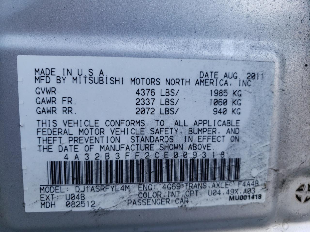 Photo 10 from auction – 2012 MITSUBISHI GALANT ES with VIN 4A32B3FF2CE009318