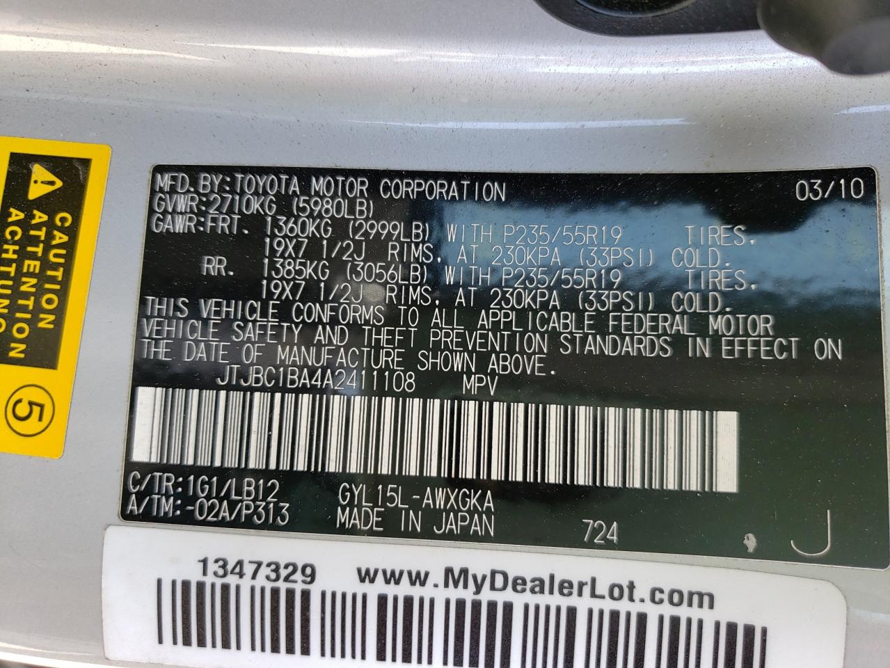 Photo 10 from auction – 2010 LEXUS RX 450 with VIN JTJBC1BA4A2411108