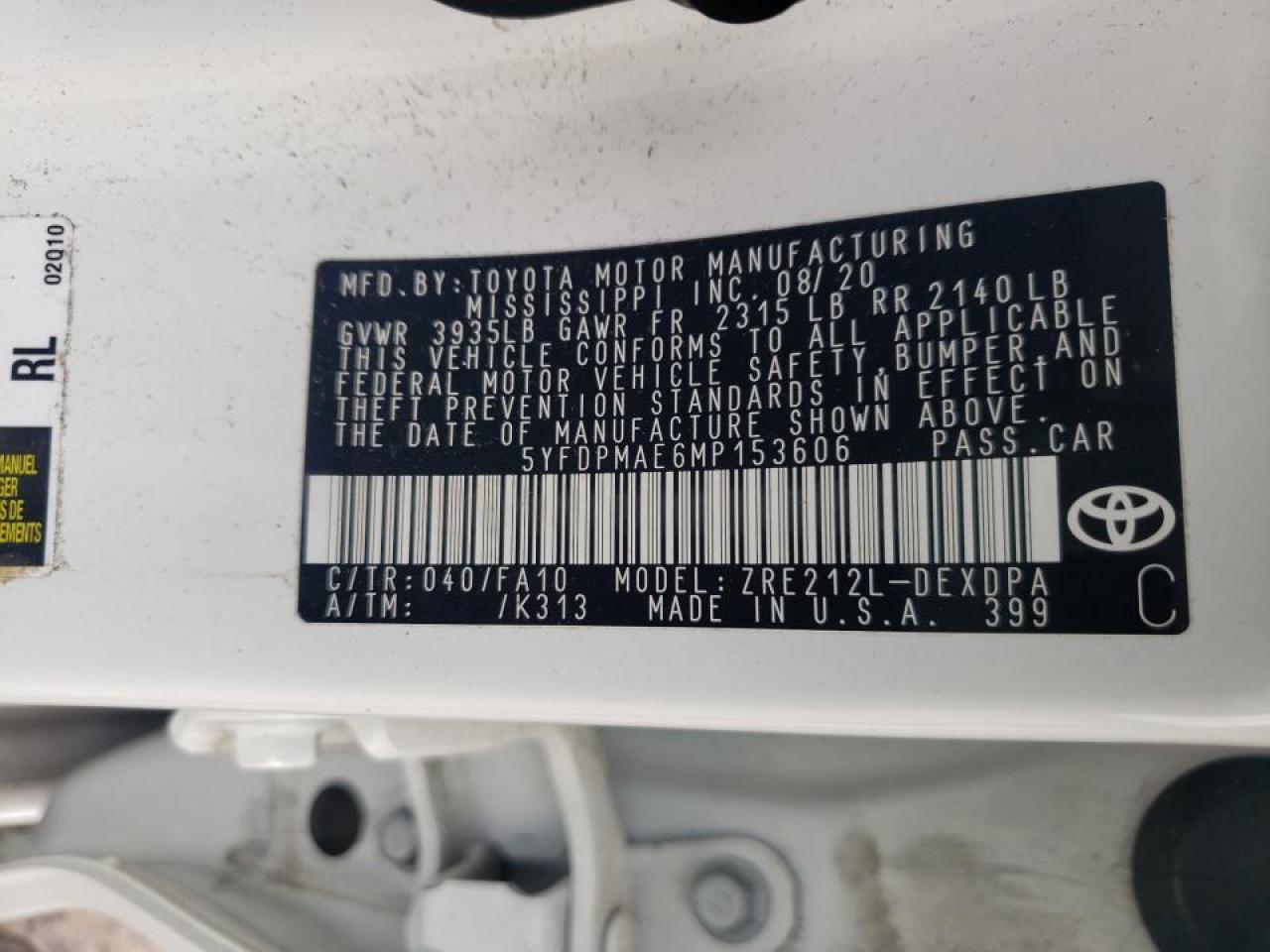 Photo 10 from auction – 2021 TOYOTA COROLLA L with VIN 5YFDPMAE6MP153606
