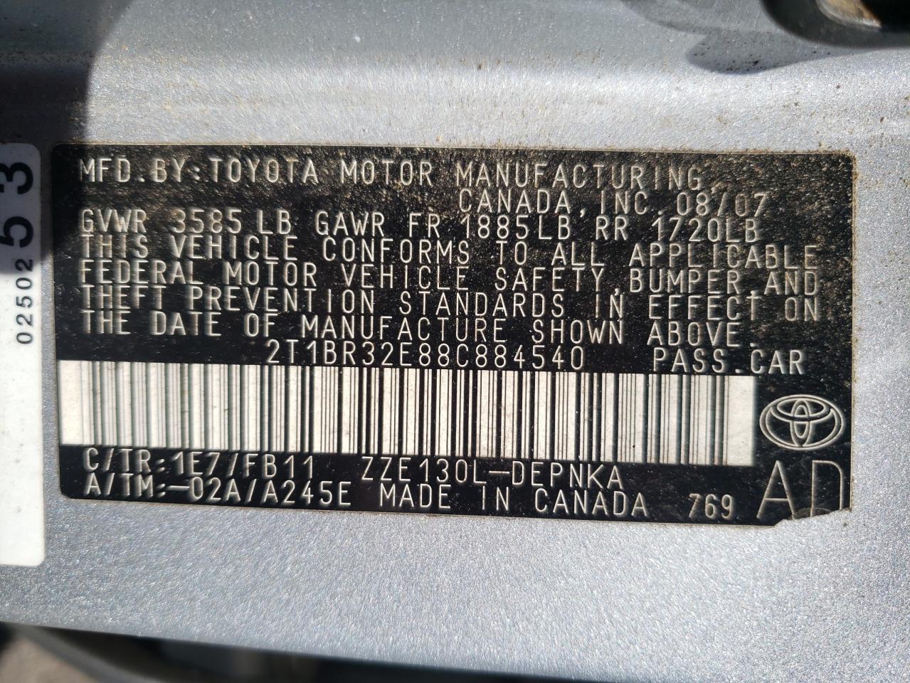 Photo 10 from auction – 2008 TOYOTA COROLLA CE with VIN 2T1BR32E88C884540