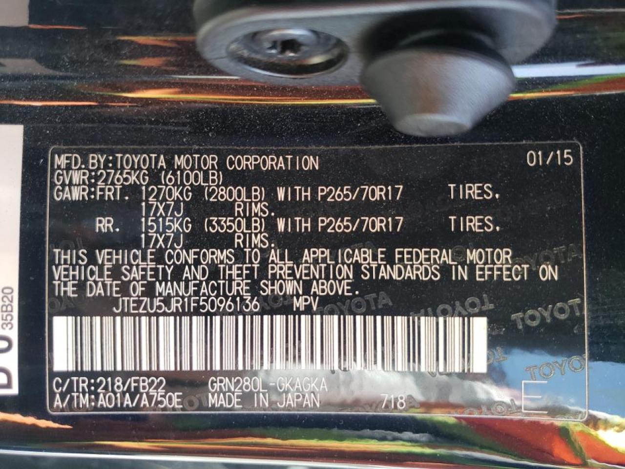 Photo 10 from auction – 2015 TOYOTA 4RUNNER SR with VIN JTEZU5JR1F5096136