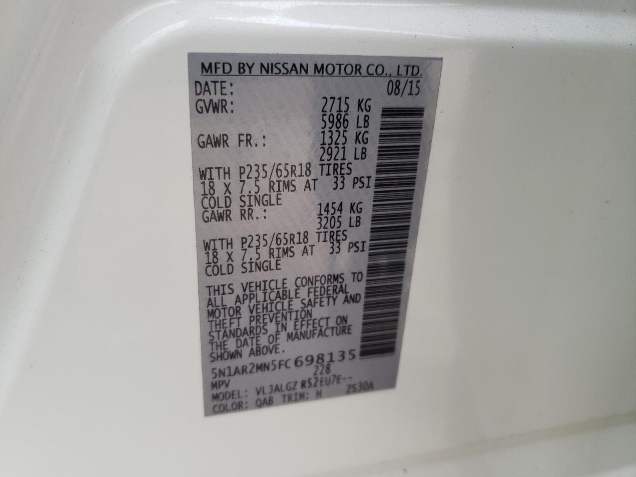 Photo 10 from auction – 2015 NISSAN PATHFINDER with VIN 5N1AR2MN5FC698135