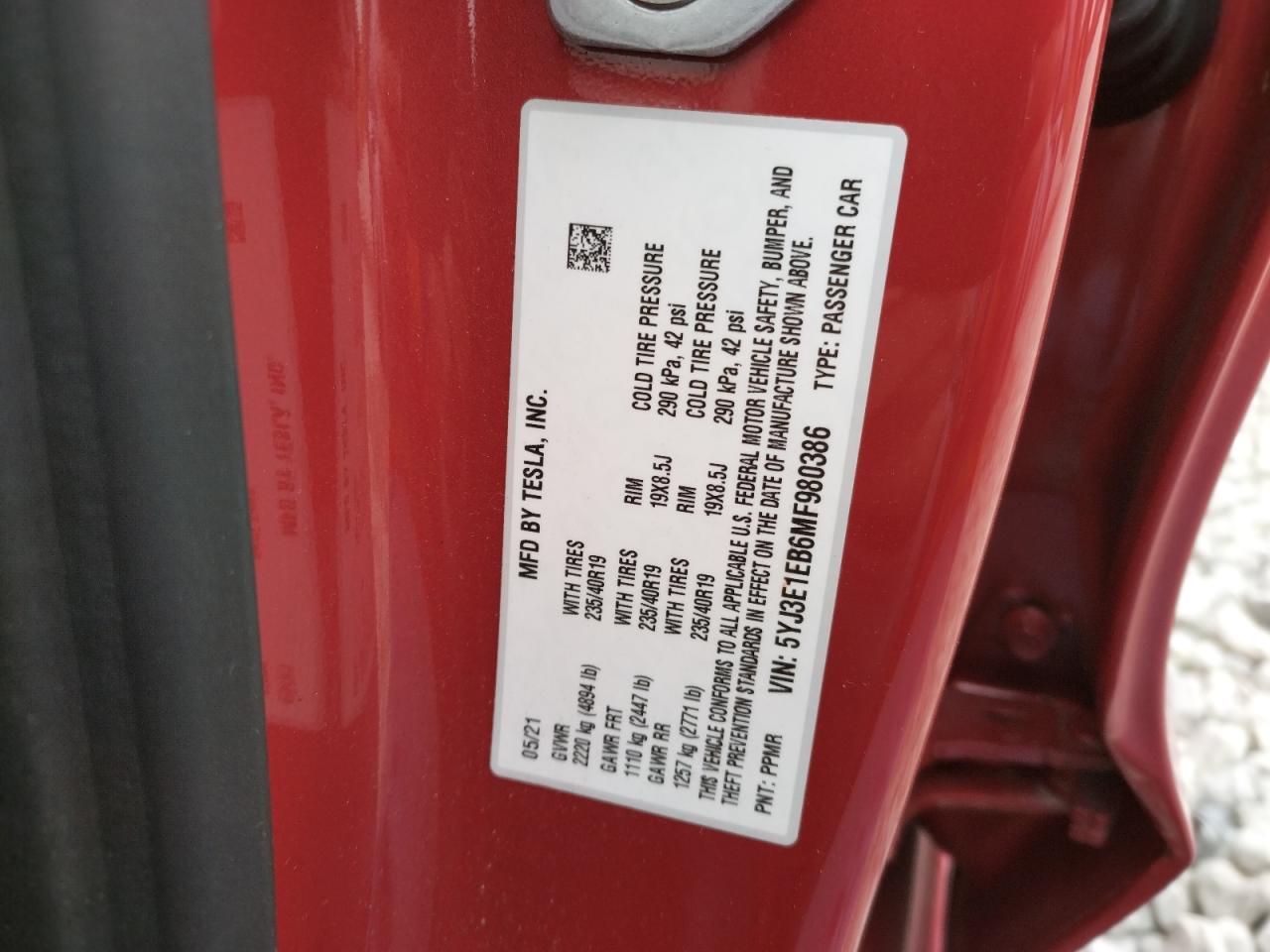 Photo 10 from auction – 2021 TESLA MODEL 3 with VIN 5YJ3E1EB6MF980386