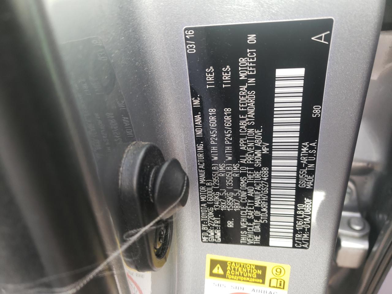 Photo 10 from auction – 2016 TOYOTA HIGHLANDER with VIN 5TDJKRFH7GS274688