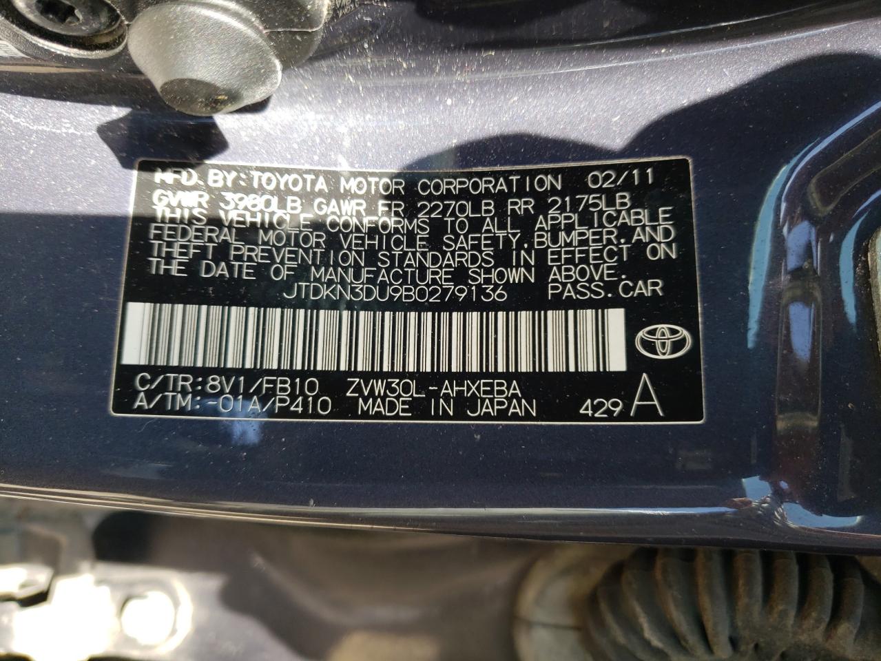 Foto 10 de la subasta – 2011 TOYOTA PRIUS con VIN JTDKN3DU9B0279136