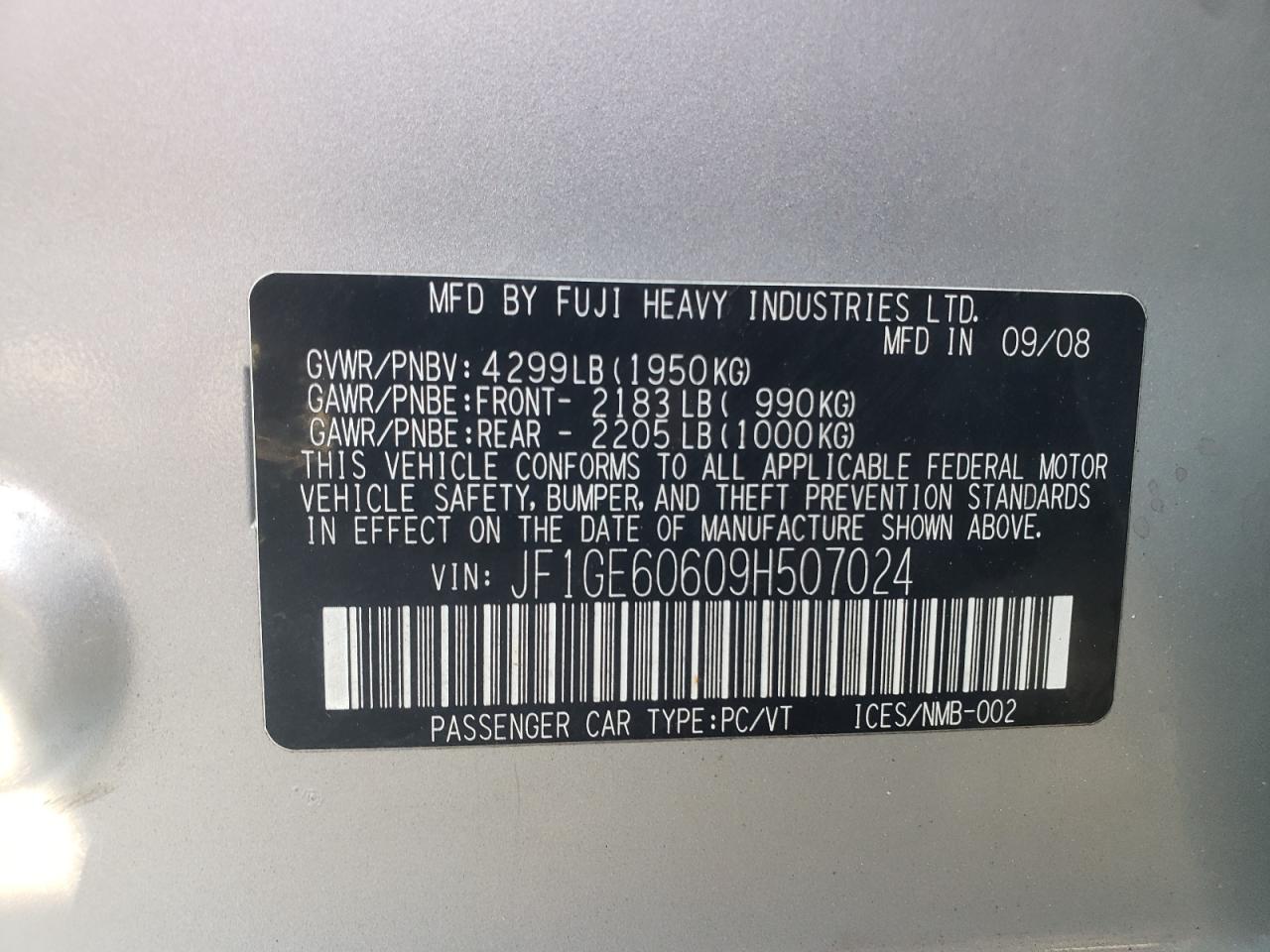 Photo 10 from auction – 2009 SUBARU IMPREZA 2. with VIN JF1GE60609H507024