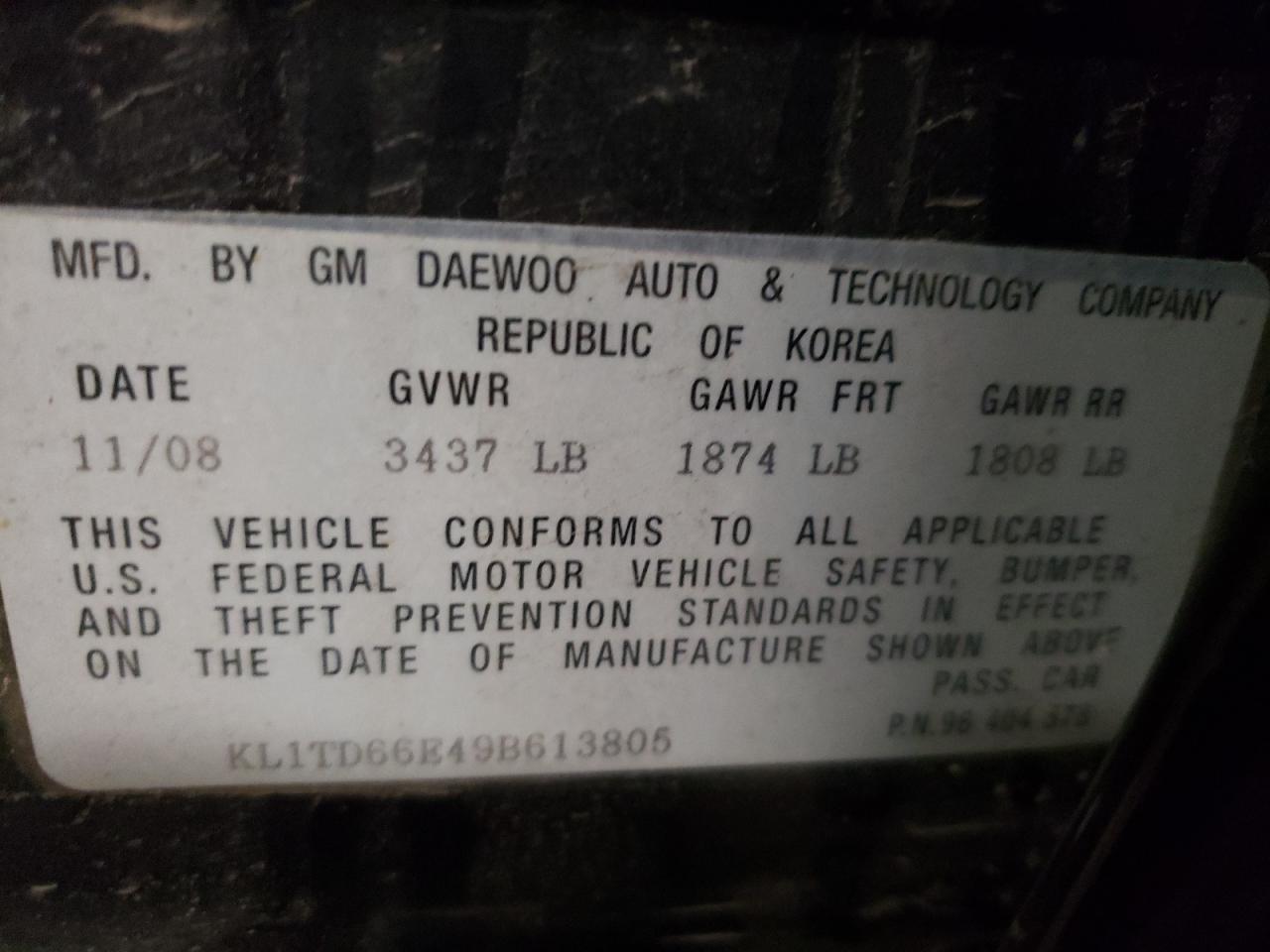 Photo 10 from auction – 2009 CHEVROLET AVEO LS with VIN KL1TD66E49B613805