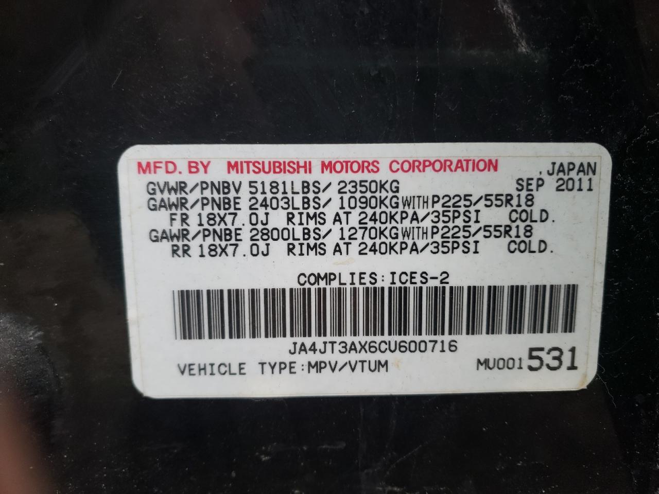 Photo 10 from auction – 2012 MITSUBISHI OUTLANDER with VIN JA4JT3AX6CU600716