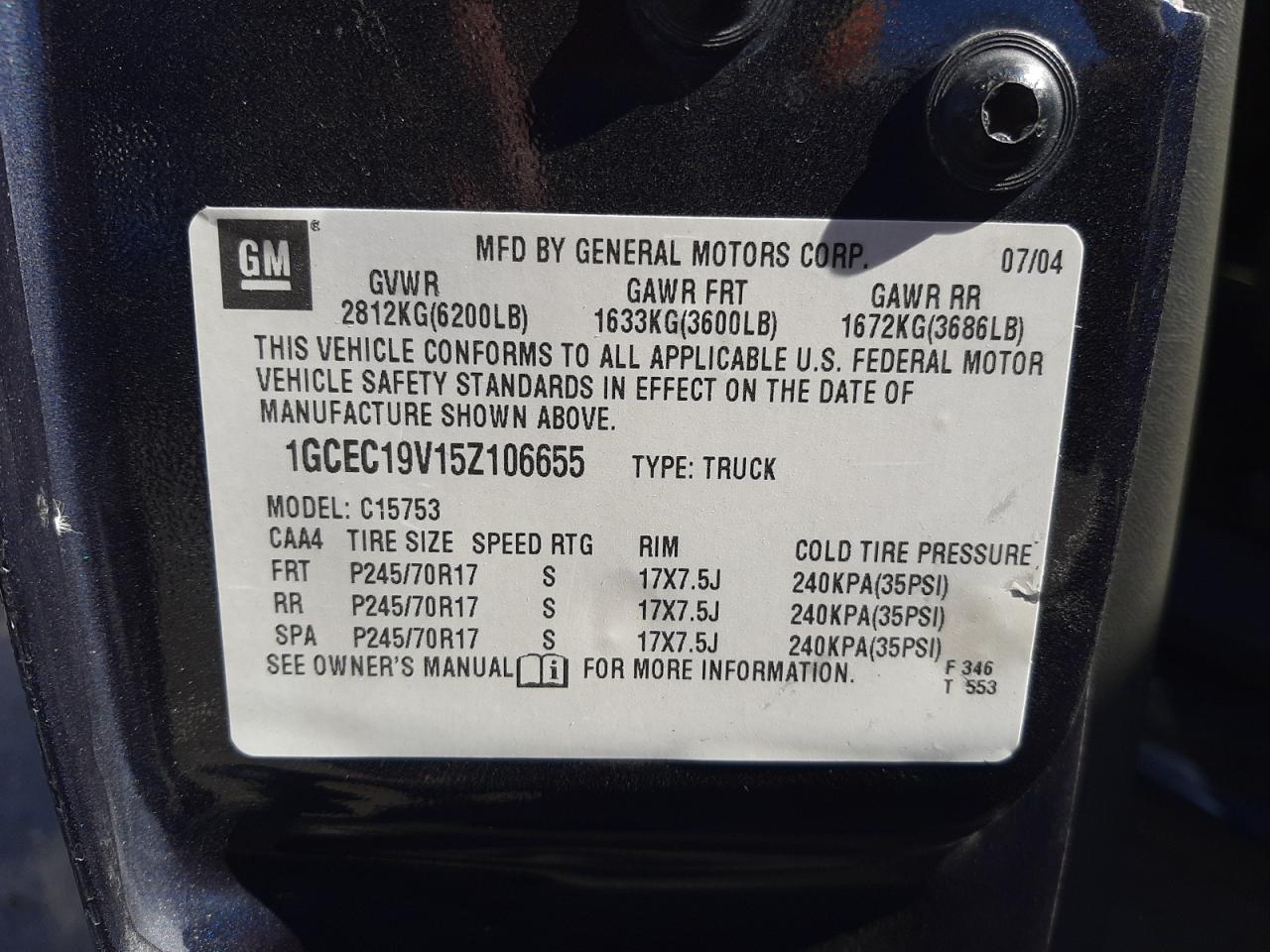 Photo 10 from auction – 2005 CHEVROLET SILVRDO LT with VIN 1GCEC19V15Z106655