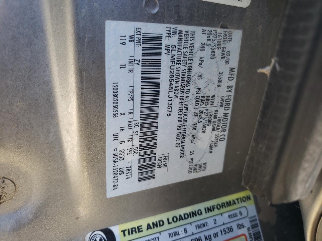 Photo 10 from auction – 2008 LINCOLN NAVIGATOR with VIN 5LMFU28548LJ13575