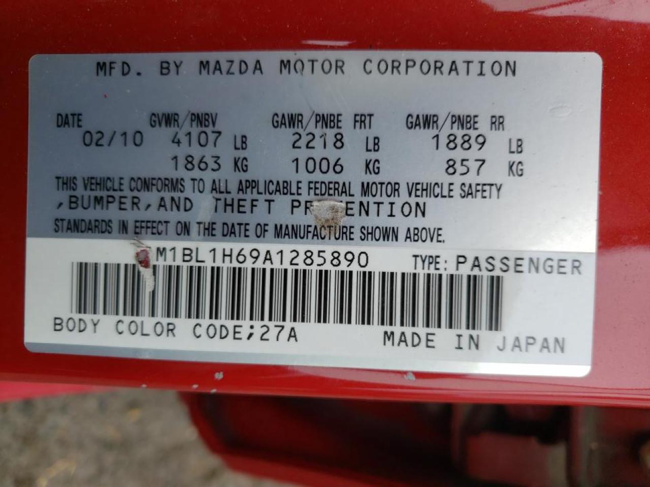 Photo 10 from auction – 2010 MAZDA 3 S with VIN JM1BL1H69A1285890