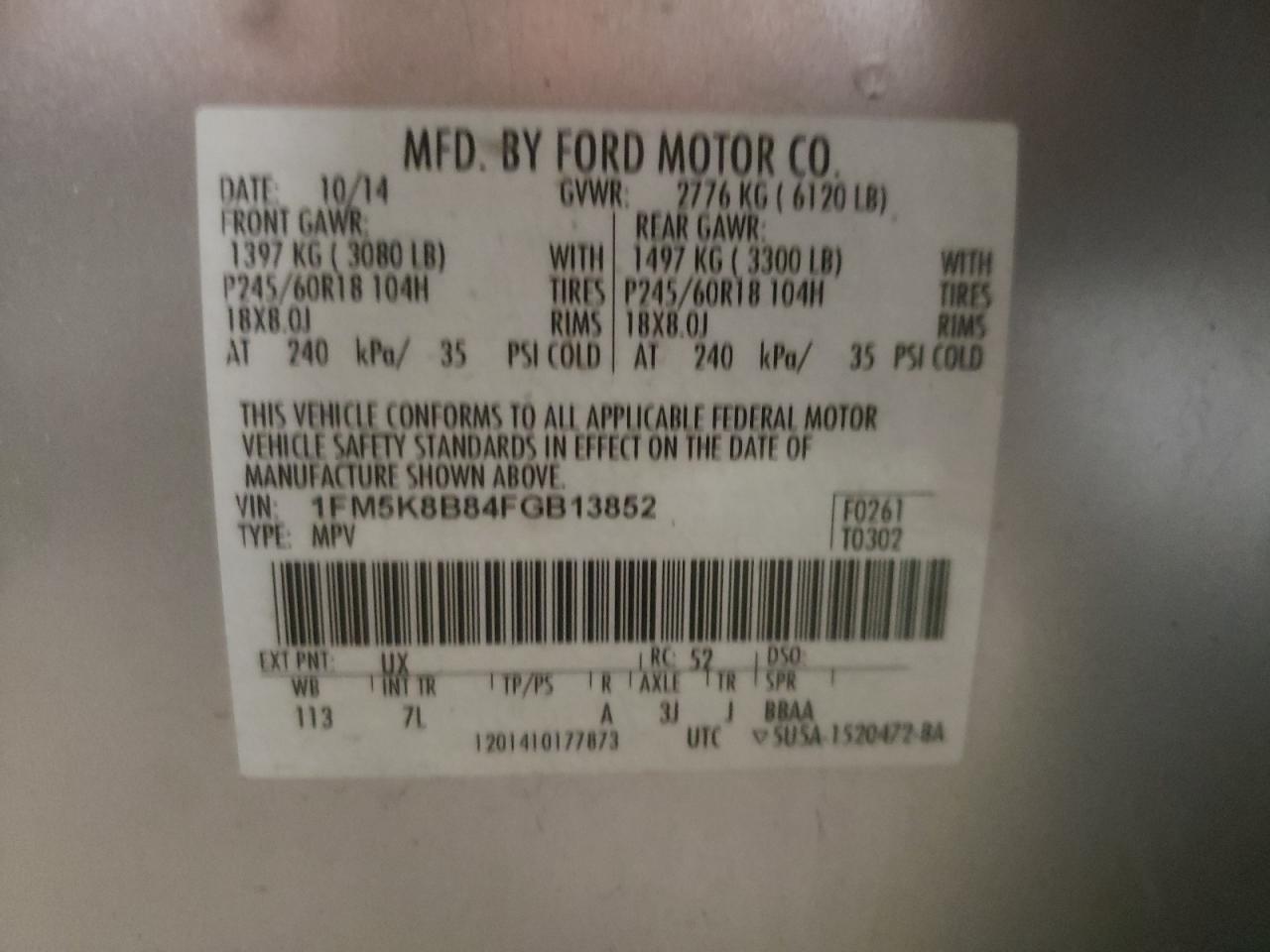 Photo 10 from auction – 2015 FORD EXPLORER with VIN 1FM5K8B84FGB13852