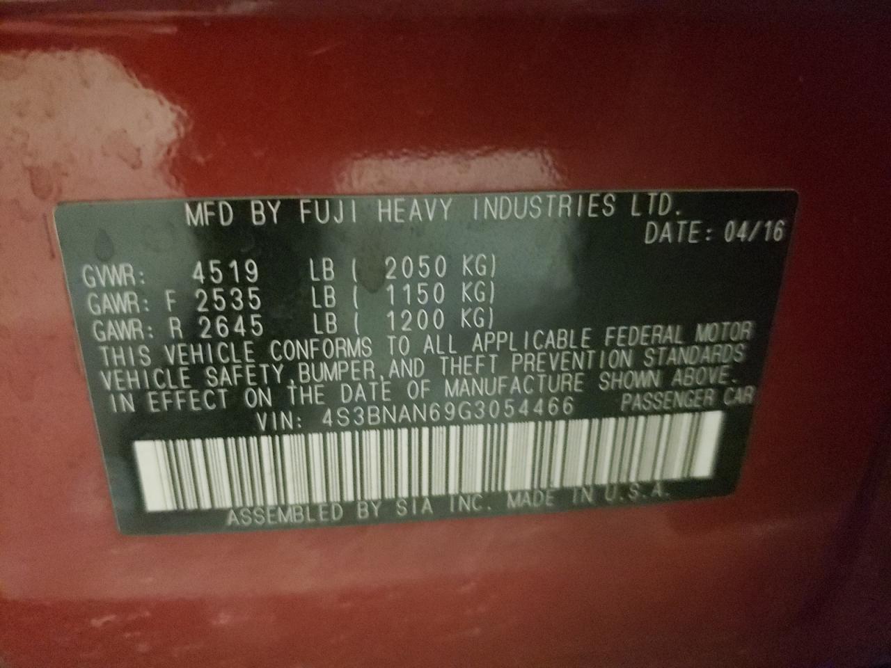Photo 10 from auction – 2016 SUBARU LEGACY 2.5 with VIN 4S3BNAN69G3054466