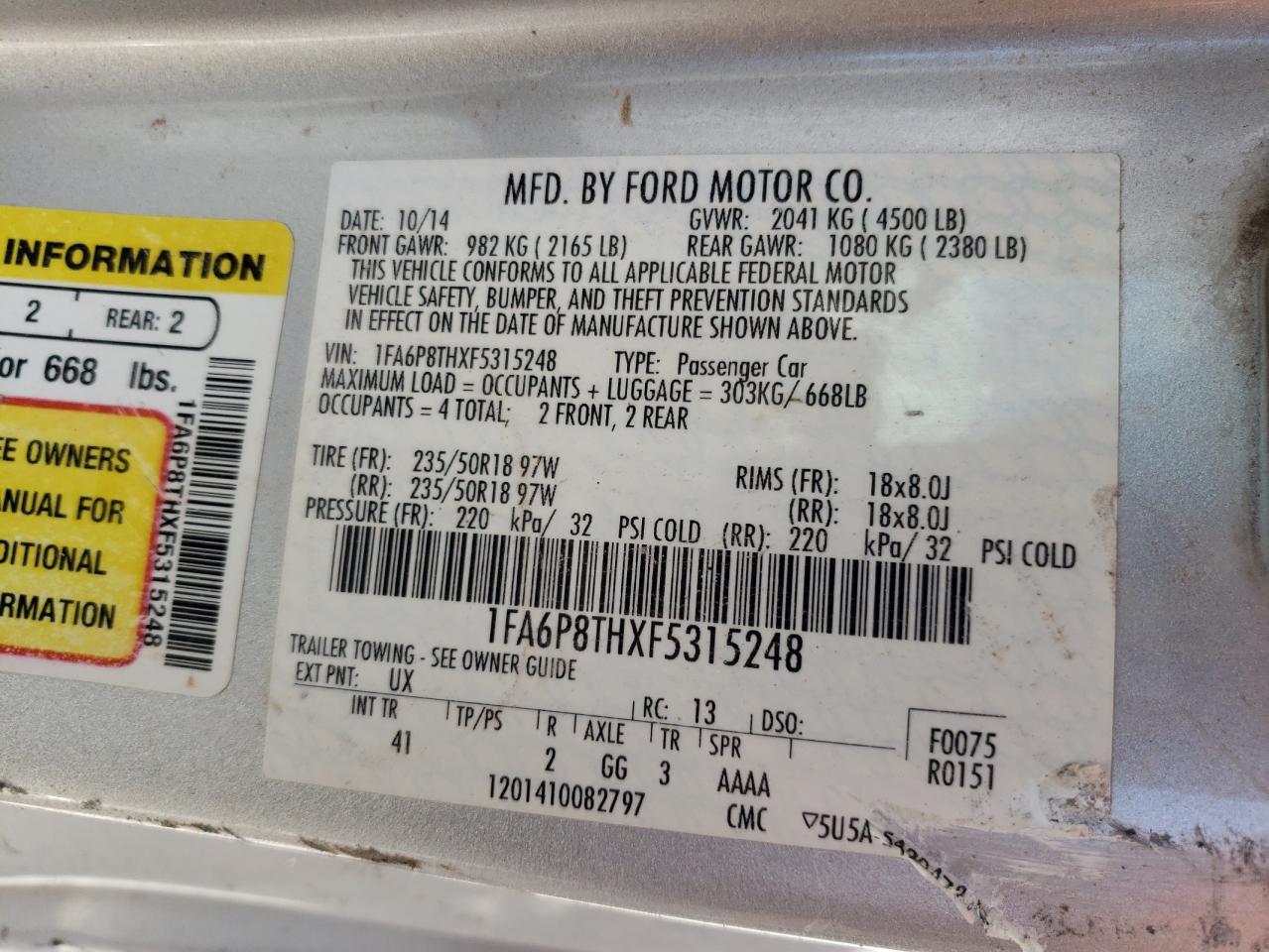 Photo 10 from auction – 2015 FORD MUSTANG with VIN 1FA6P8THXF5315248