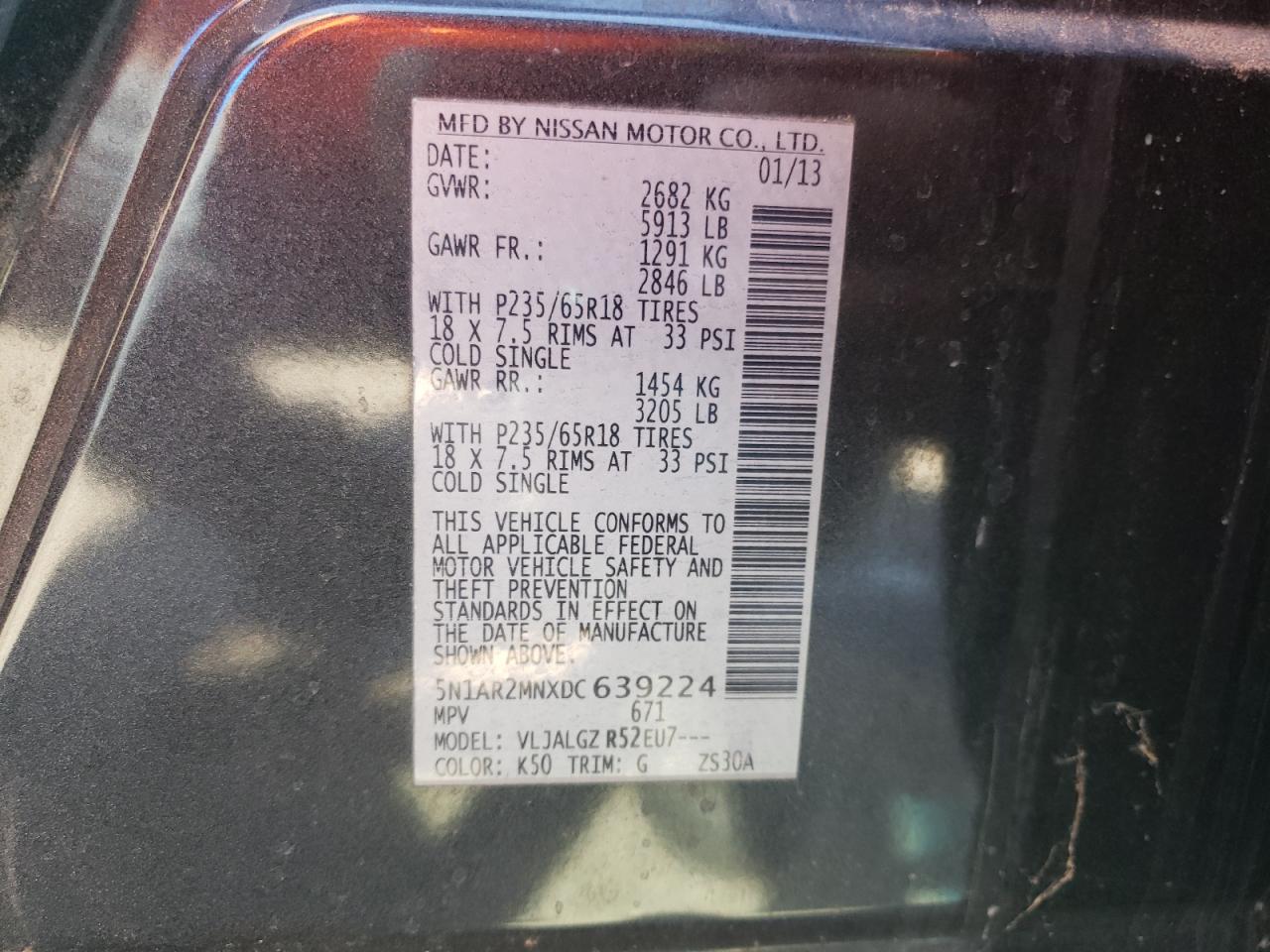 Photo 10 from auction – 2013 NISSAN PATHFINDER with VIN 5N1AR2MNXDC639224