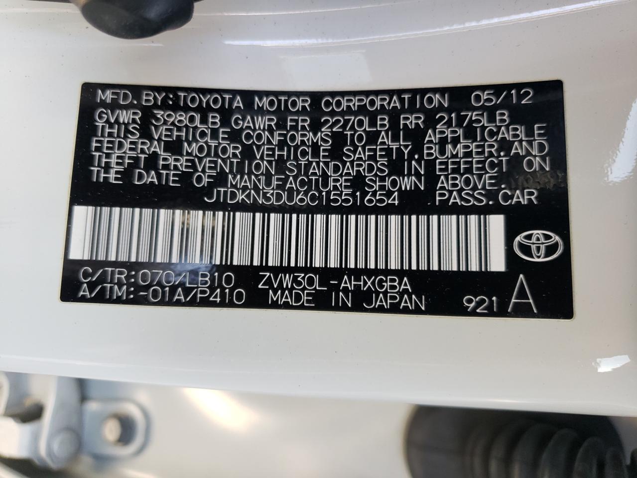 Zdjęcie 10 z aukcji – 2012 TOYOTA PRIUS z VIN JTDKN3DU6C1551654