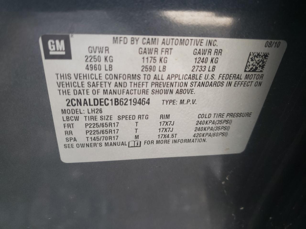 Photo 10 from auction – 2011 CHEVROLET EQUINOX LT with VIN 2CNALDEC1B6219464