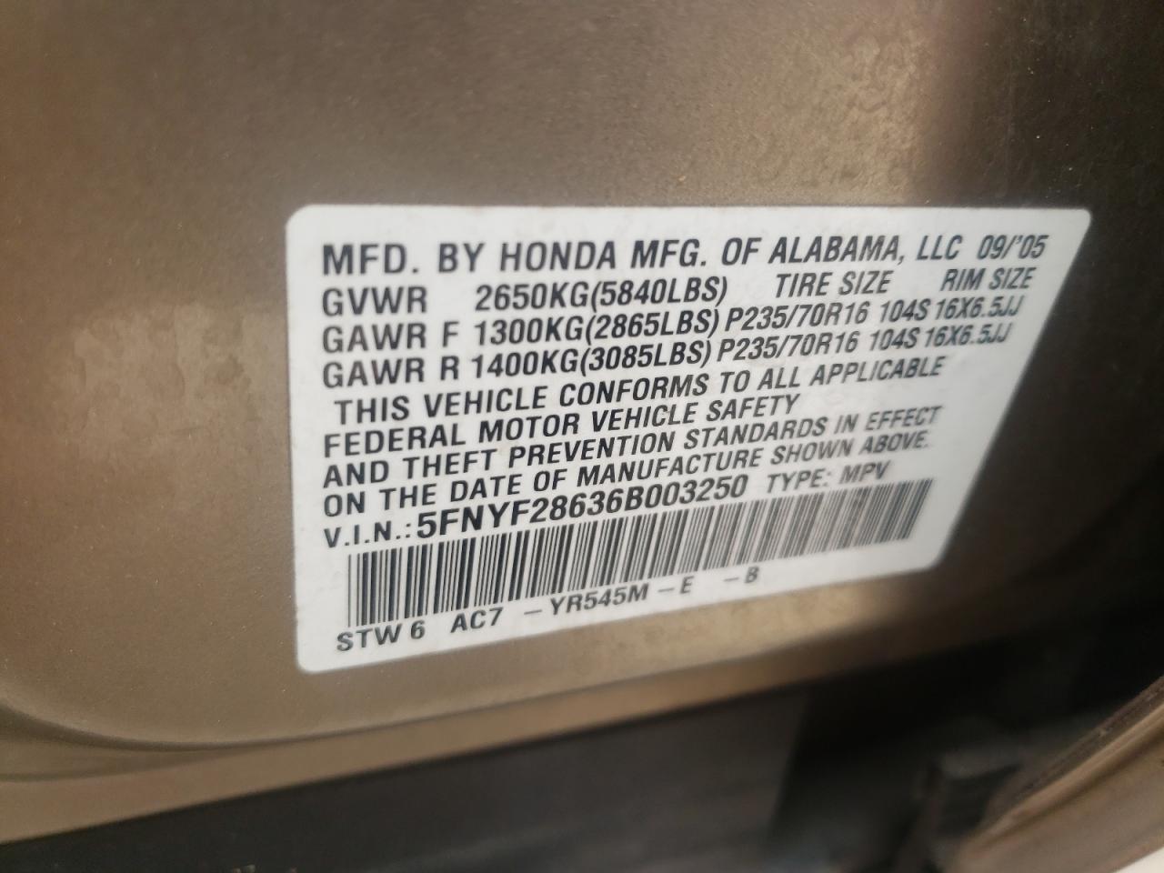 Photo 10 from auction – 2006 HONDA PILOT EX with VIN 5FNYF28636B003250