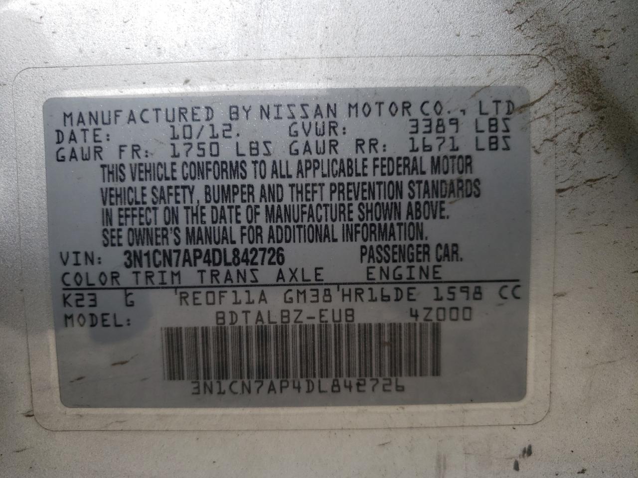 Photo 10 from auction – 2013 NISSAN VERSA S with VIN 3N1CN7AP4DL842726