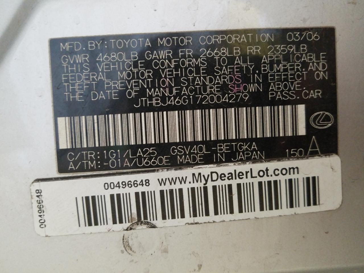 Photo 10 from auction – 2007 LEXUS ES 350 with VIN JTHBJ46G172004279