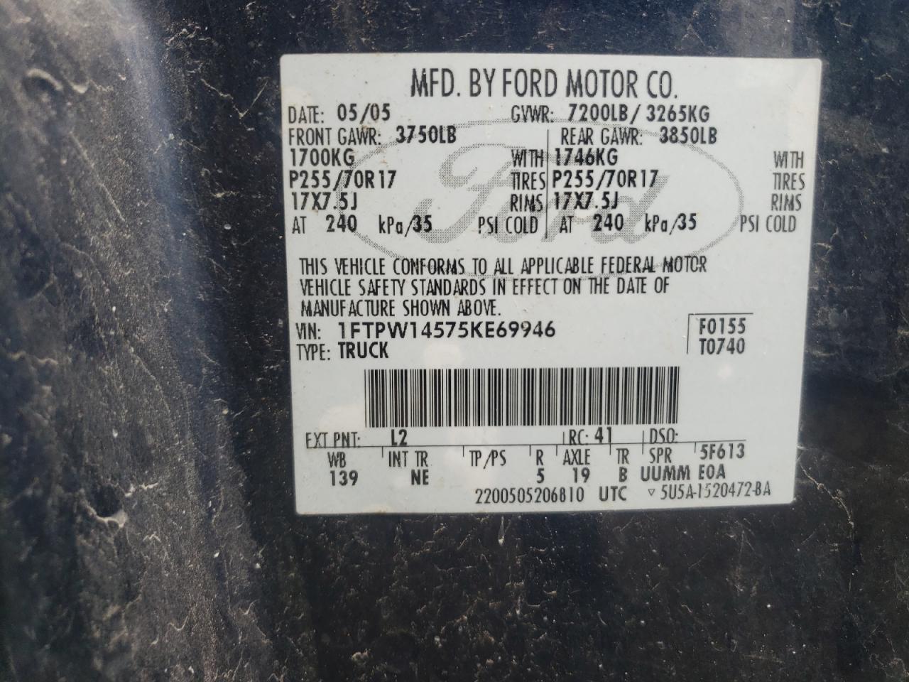 Photo 10 from auction – 2005 FORD F150 SUPER with VIN 1FTPW14575KE69946