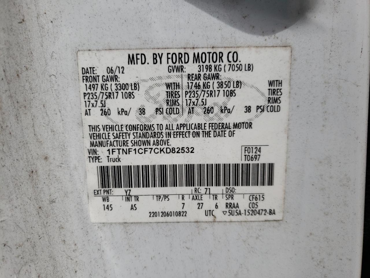 Photo 10 from auction – 2012 FORD F150 with VIN 1FTNF1CF7CKD82532