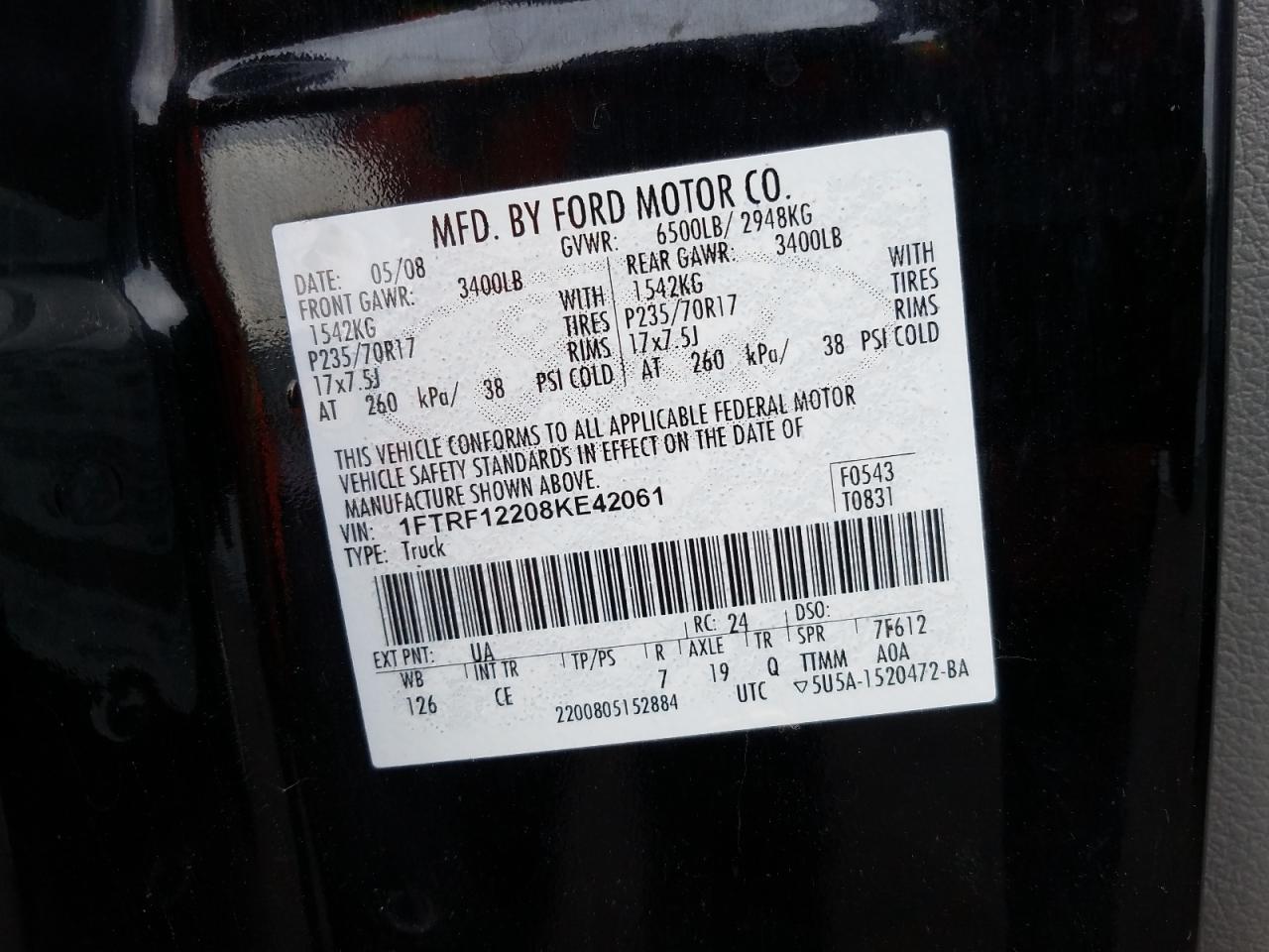 Photo 10 from auction – 2008 FORD F150 with VIN 1FTRF12208KE42061