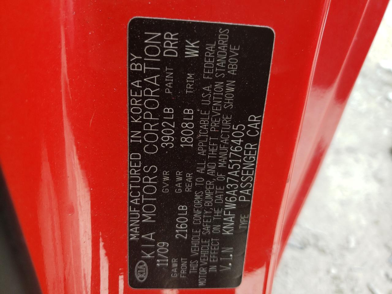 Photo 10 from auction – 2010 KIA FORTE SX with VIN KNAFW6A37A5176405