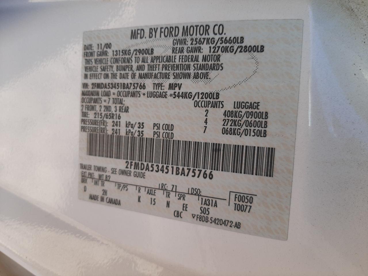 Photo 10 from auction – 2001 FORD WINDSTAR S with VIN 2FMDA53451BA75766