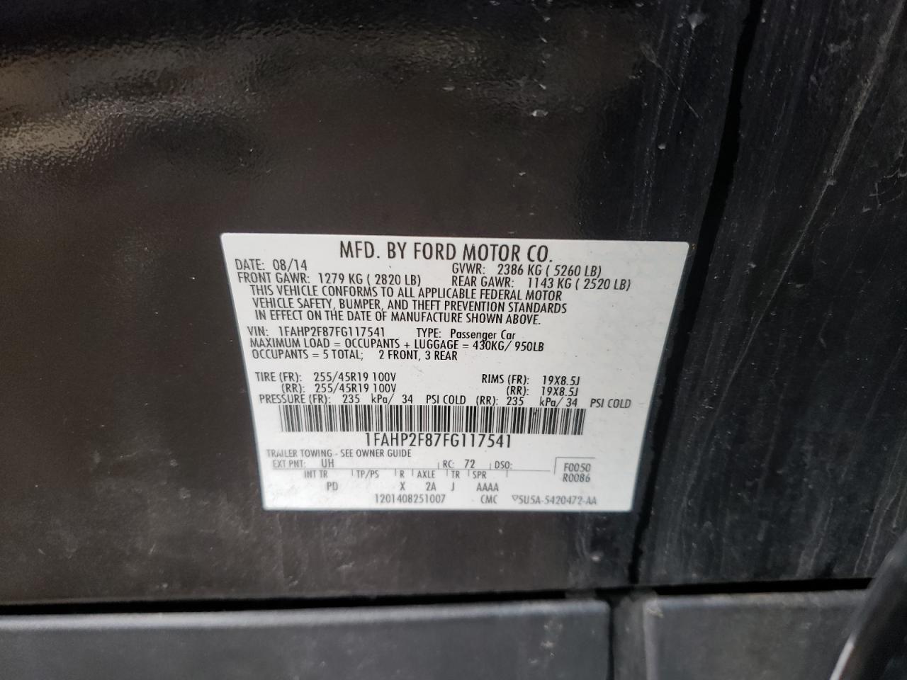 Photo 10 from auction – 2015 FORD TAURUS LIM with VIN 1FAHP2F87FG117541