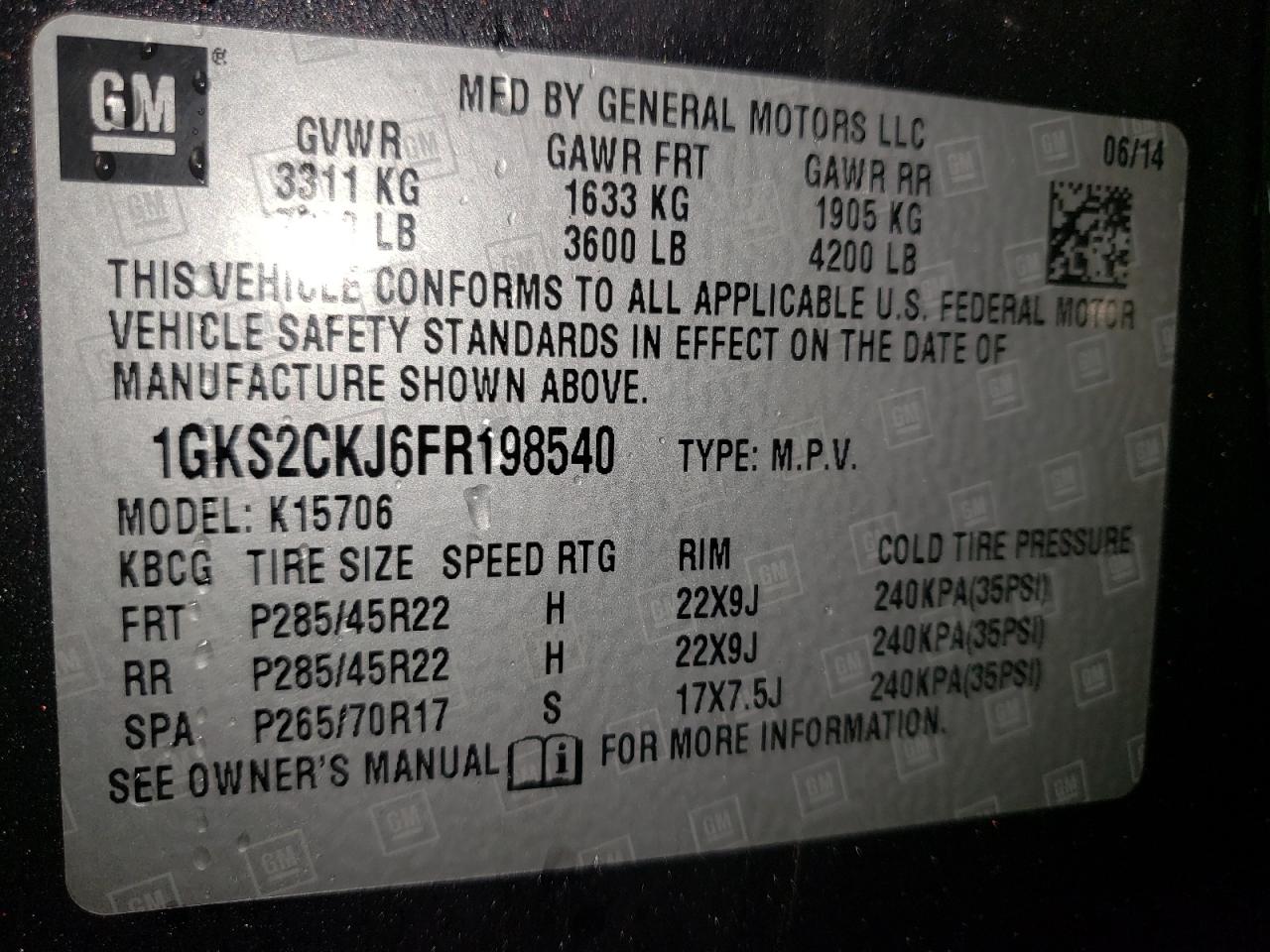 Photo 10 from auction – 2015 GMC YUKON DENA with VIN 1GKS2CKJ6FR198540