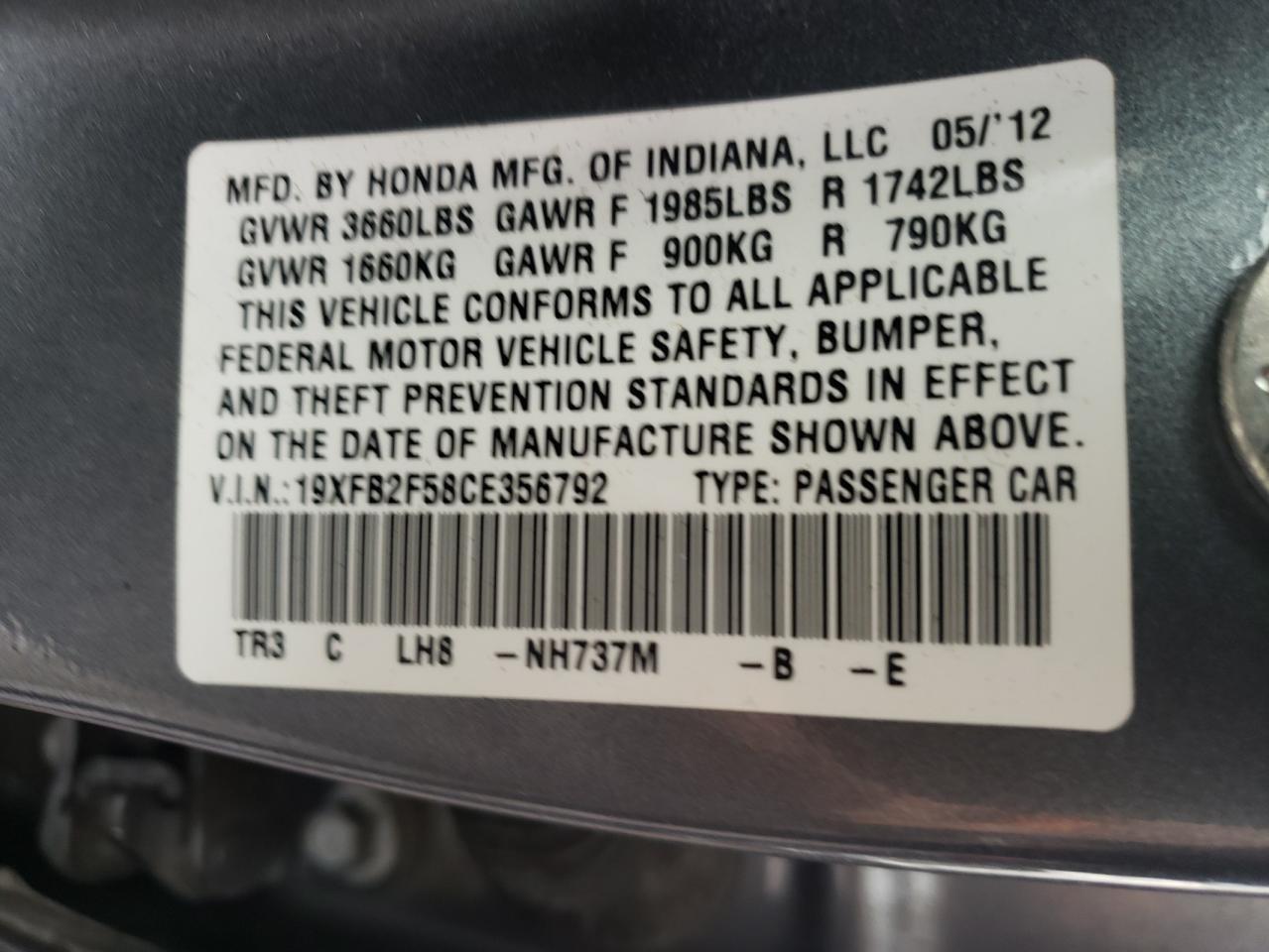 Photo 10 from auction – 2012 HONDA CIVIC LX with VIN 19XFB2F58CE356792