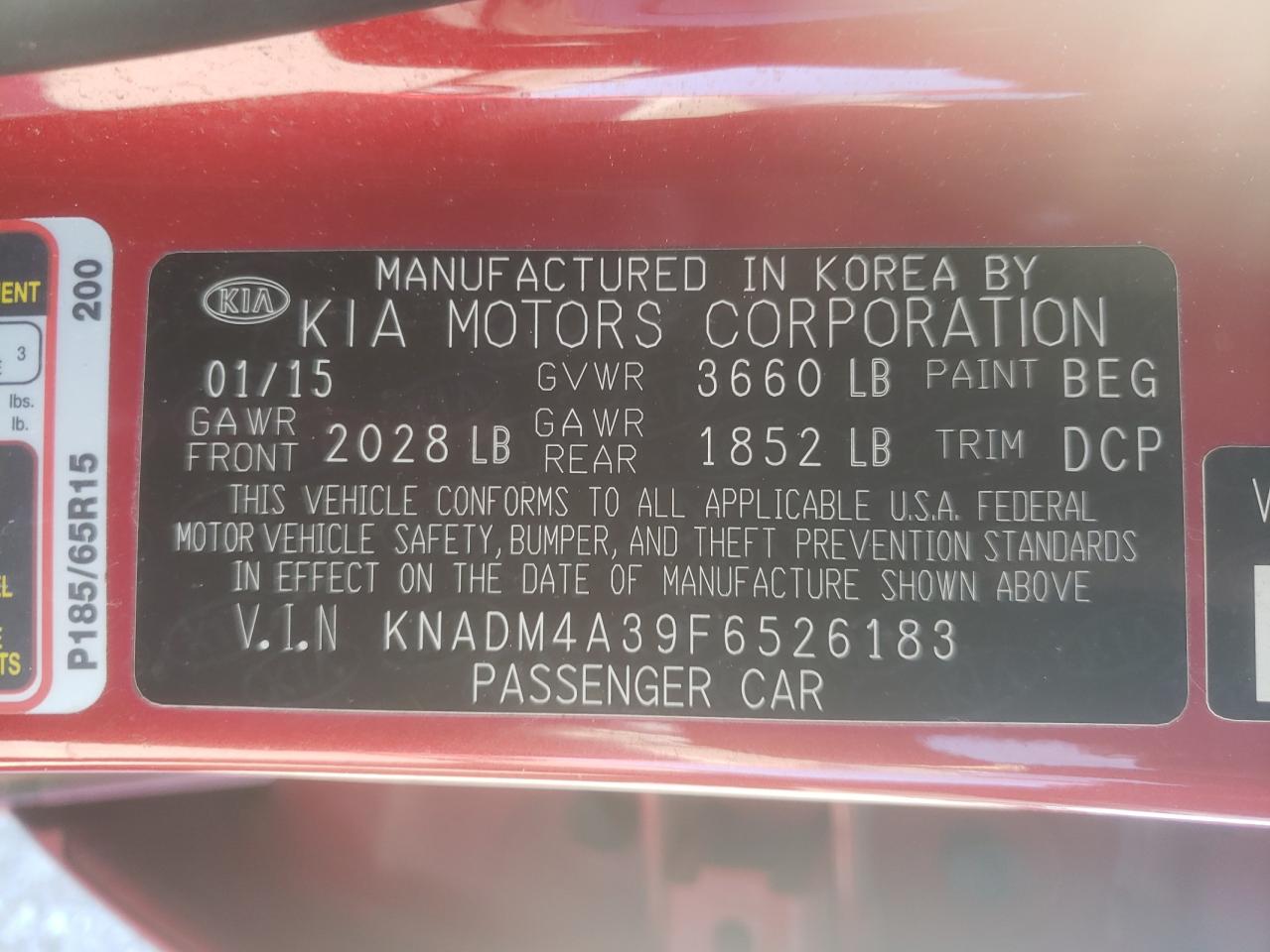 Photo 10 from auction – 2015 KIA RIO LX with VIN KNADM4A39F6526183