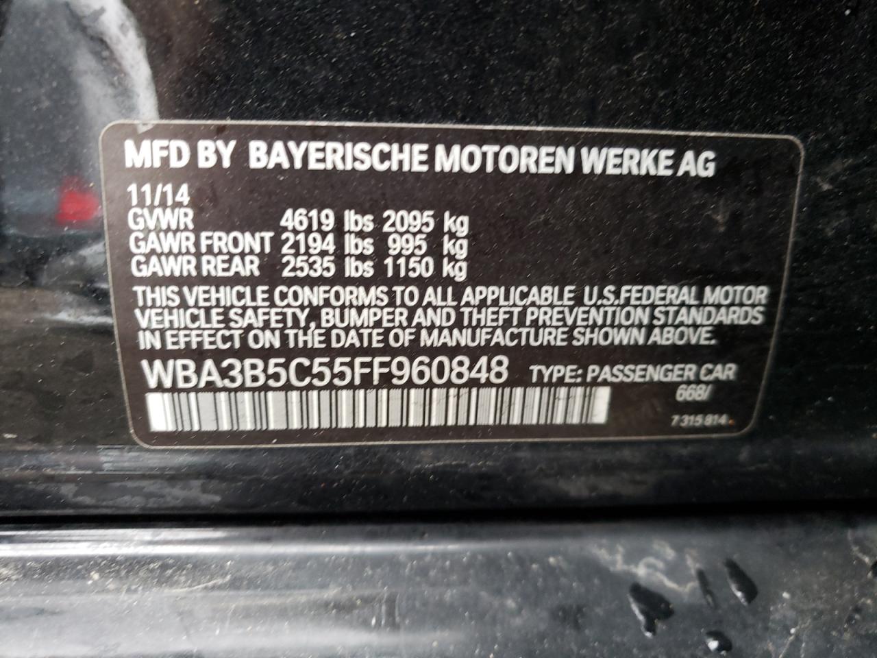 Photo 10 from auction – 2015 BMW 328 XI SUL with VIN WBA3B5C55FF960848