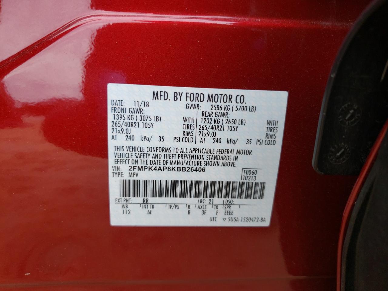 Photo 10 from auction – 2019 FORD EDGE ST with VIN 2FMPK4AP8KBB26406